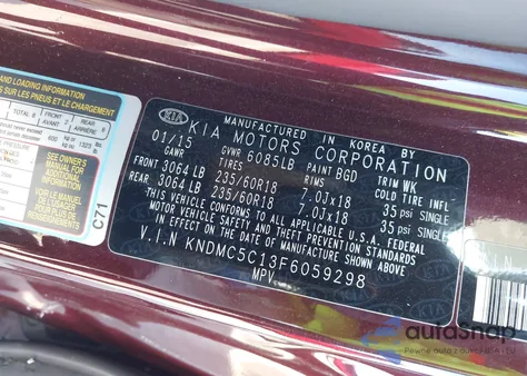 2015 Kia Sedona Ex z USA, uszkodzony, nr VIN KNDMC5C13F6059298